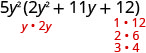 An algebraic expression 5y^2(2y^2 + 11y + 12) is displayed with red text illustrating factorization hints. These include factors of 2y^2 (y*2y) and factors of 12 (1*12, 2*6, 3*4), aiding the factoring of the quadratic.
